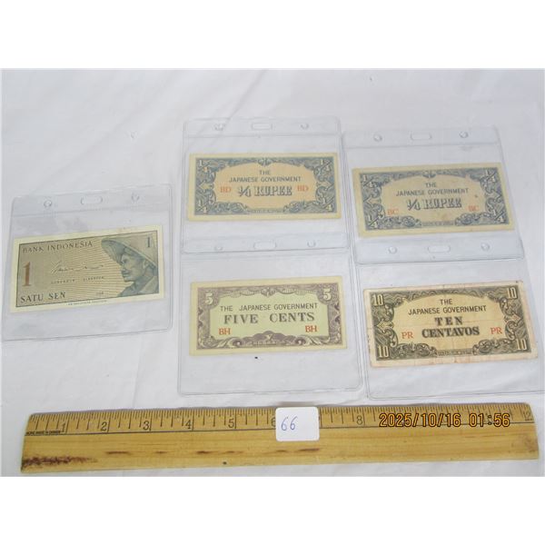 Lot of  5 Vintage Foreign Bills 4 From Japan WW2