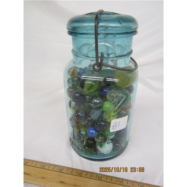 Antique Blue Green Ball Sealer Jar Full of Marbles