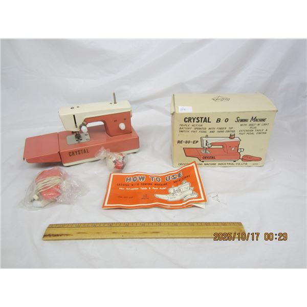 1960's Crystal B/O  Sewing Machine for Kid's with Original Box and Instructions and Accessories Look