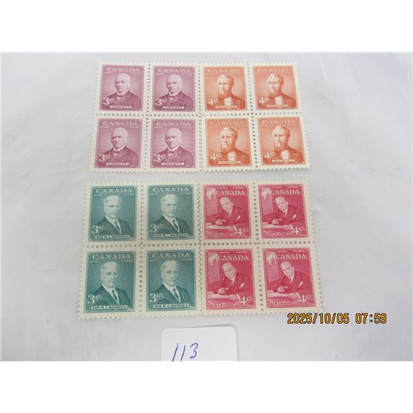 4 Blocks of 4 Canadian Stamps of Prime Ministers 3-4 Cents