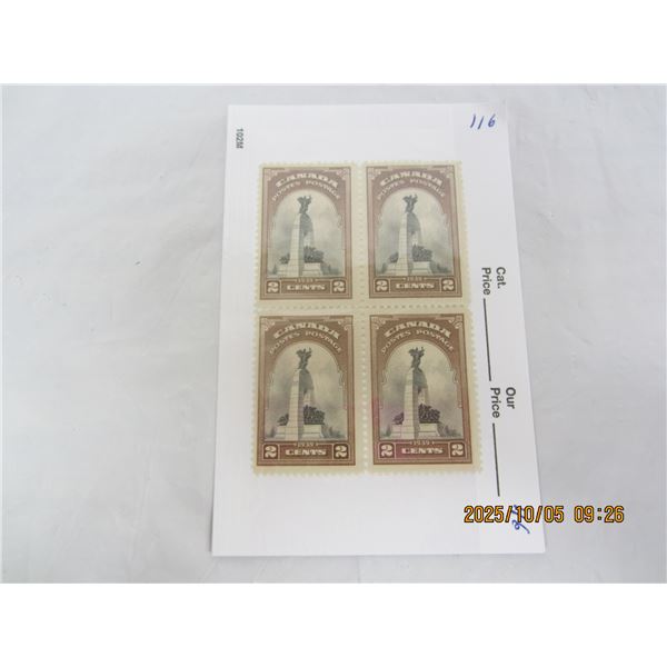 Block of 4 Canadian Stamps 1939- 2 Cent MNH OG Never Used