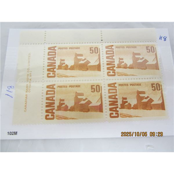 Corner Block of Canadian Stamps 50 Cent Grain Elevator MNH OG Never Used