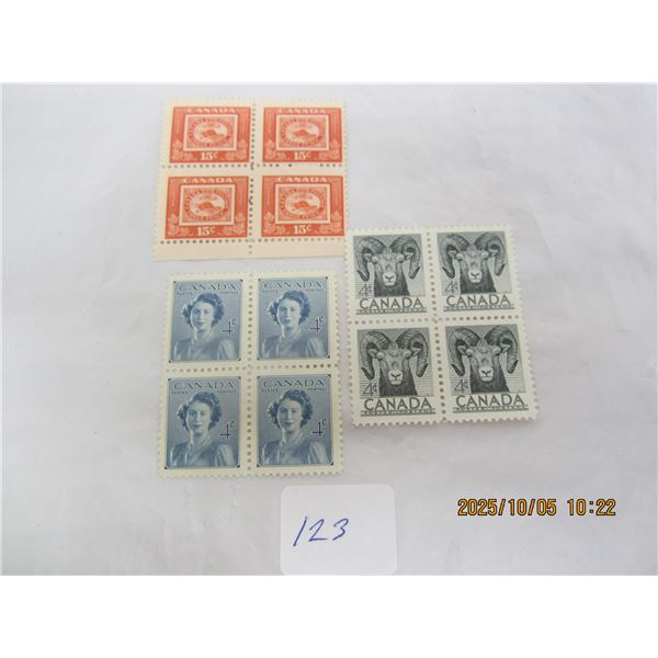 3 Blocks of 4 Canadian Stamps Sheep ,Beaver and Queen MNH OG Never Used