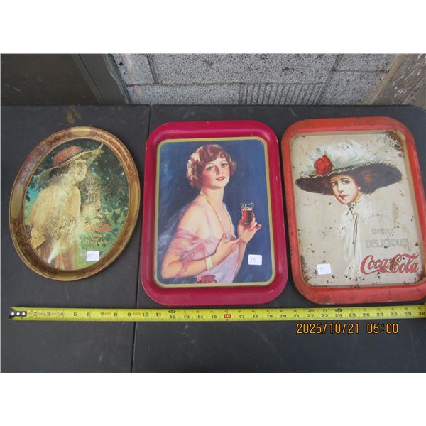 3 Vintage Metal Coca Cola Trays with Ladies on Them
