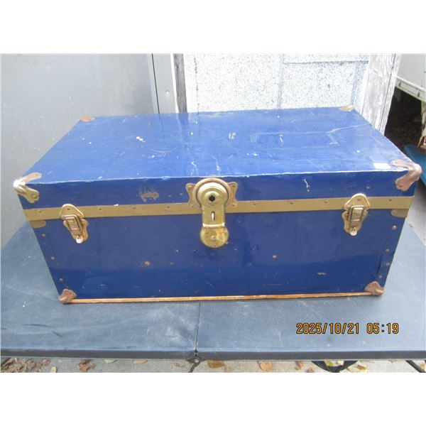 Antique Metal Blue Trunk 30 inches Long 16 inches Deep 13 inches Tall
