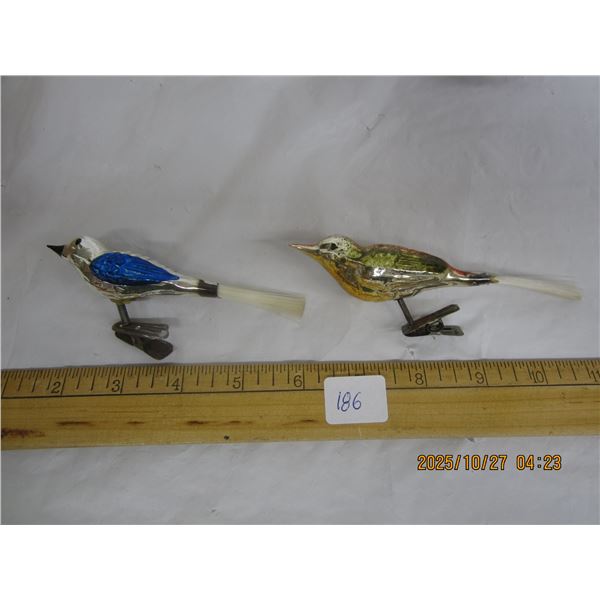 2 Antique Glass Birds Clip On Christmas Decorations with Tails