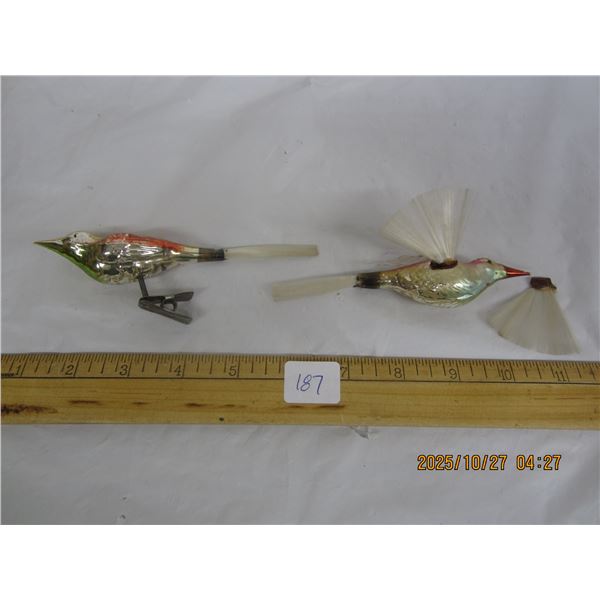 2 Antique Glass Birds Clip On Christmas Decorations One has a Loose Wing Tails are Theremas Bulbs an