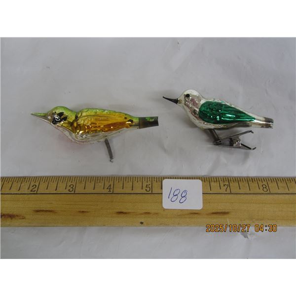 2 Antique Glass Birds Clip On Christmas Decorations No Tails One Clip Missing