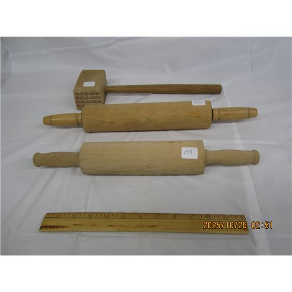 Lot of 3 Wooden Kitchen Items Meat Hammer , 2 Rolling Pins