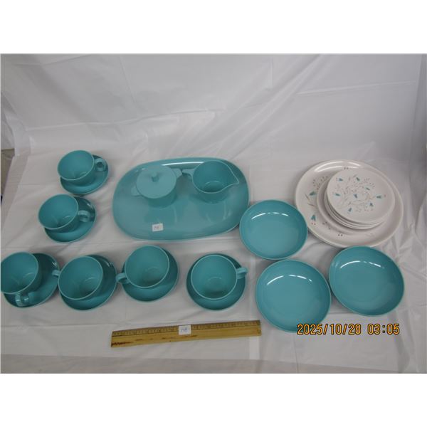 Lot of Vintage Melmac Dishes Green Set has 6 Cups and Saucers , Tray, Cream and Sugar , 3 Bowls The 