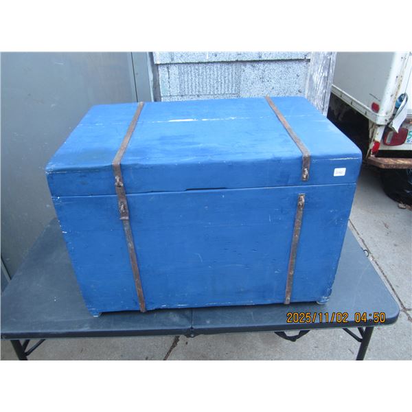 Antique Handmade Pine Trunk Painted Blue  Handmade Metal Hardware 28 inches Long 19 inches Tall 19 i