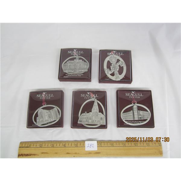 5 Vintage Seagull Pewter Christmas Decorations