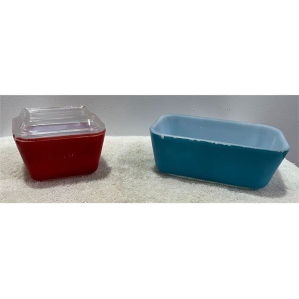 2 Pyrex Mates Refrigerator Dishes - Red with Lid & #502 Blue