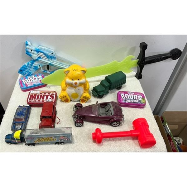 Lot of Toys - Dinky Toy cars, Fischer Price, Care Bear, Sword, Gun. Mint Tins
