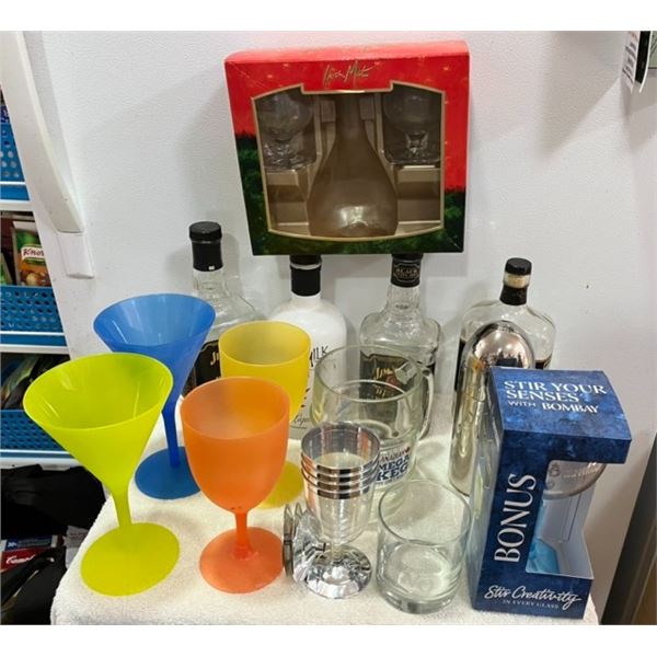 Irish Mist, Jim Beam, Bombay, Canadian Club, Mega Keg, Moose Milk Bottles and Glasses