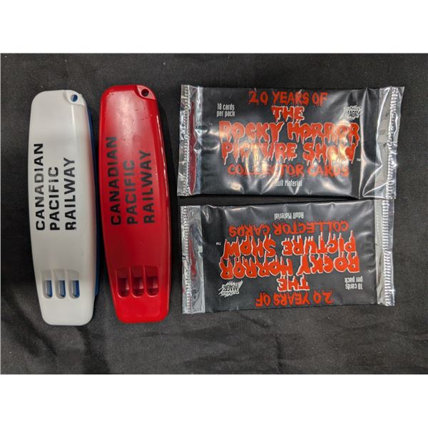 (2) Vintage CPR Train Whistle Toys + (2) RARE "The Rocky Horror picture Show" Collector Cards Sealed