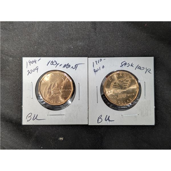 (2) Loonies (1) 1909-2009 BU 100yr (1)1910-2010 BU Sask 100yr