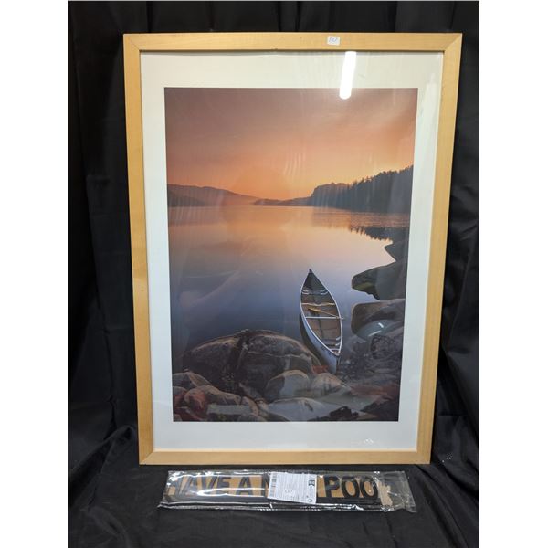 Canoe Framed Photograph 29"x21" and "Have a nice Poop" Stand