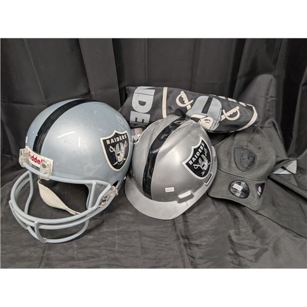Lot of Raider Items (Football Helmet, Cap, Construction helmet, bag)