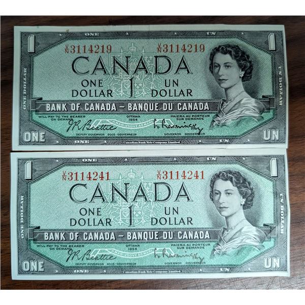 (2) 1954 Canadian 1 Dollar Bills (3114219 and 3114241)