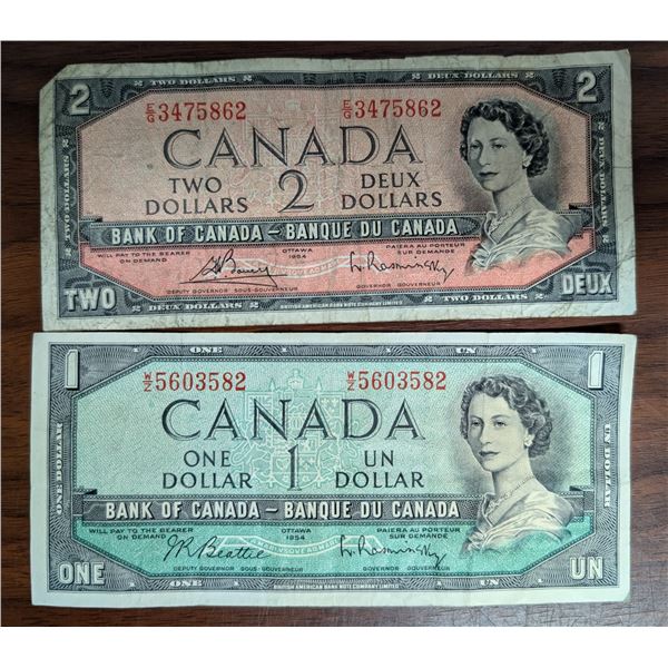 (2) 1954 Canadian Bills (1) 2 Dollar 3475862 and (1) 1 Dollar 5603582