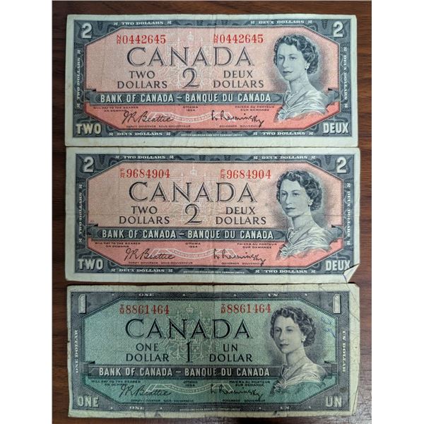 (3) 1954 Canadian Bills (2) 2 Dollar 0442645 and 9684904 (1) 1 Dollar 8861464