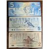 Image 2 : (3) Canadians Bills (2) 5 and 2 Dollar Bills and (1) 2002 5 Dollar Bill