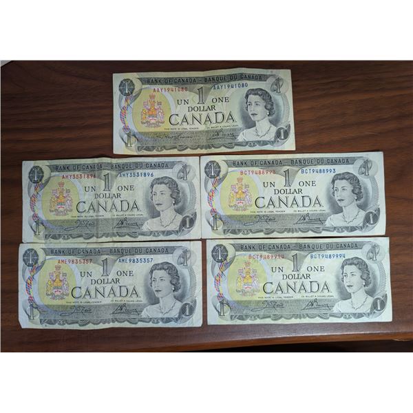 (5) 1 Dollar Canadian Bills (1973) (2) in Sequence Order (BCT9488993 and BCT948994)