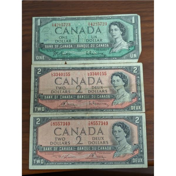 (3) 1954 Canadian Bills (2) 2 Dollar Bills 3340155 and 8557349 and (1) 1 Dollar Bill 4215723