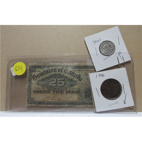 1900 dominion of canada shinplaster, 1900 large cent and 1951 canadian nickel