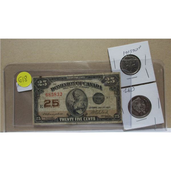 1923 dominion of canada shinplaster, 2023 canadian half-dollar and 1973 RCMP 25 cents