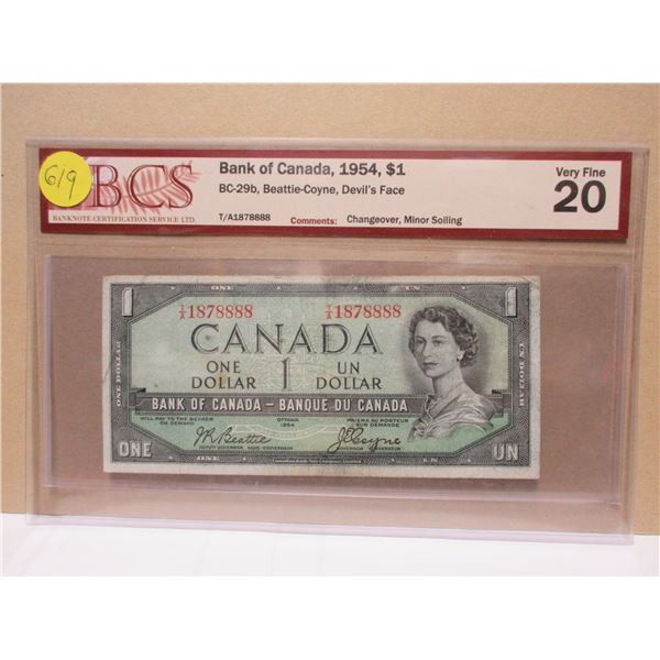 1954 bank of canada $1 BCS, BC- 29B, beattie coyne devil's face- very fine 20 bill