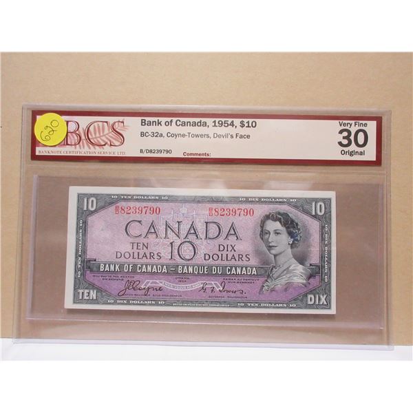 1954 canadian $10 BCs, BC-32a coyne-towers, devil's face- very fine 30 original bill