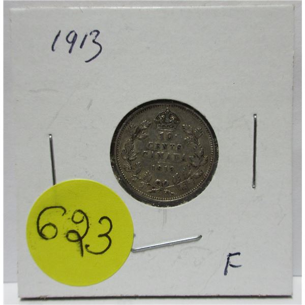 1913 canadian silver 10 cents coin-F