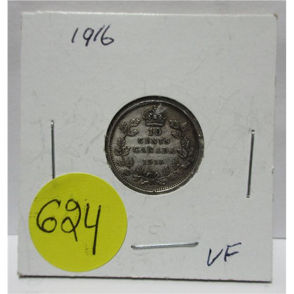 1916 canadian silver 10 cents coin-VF