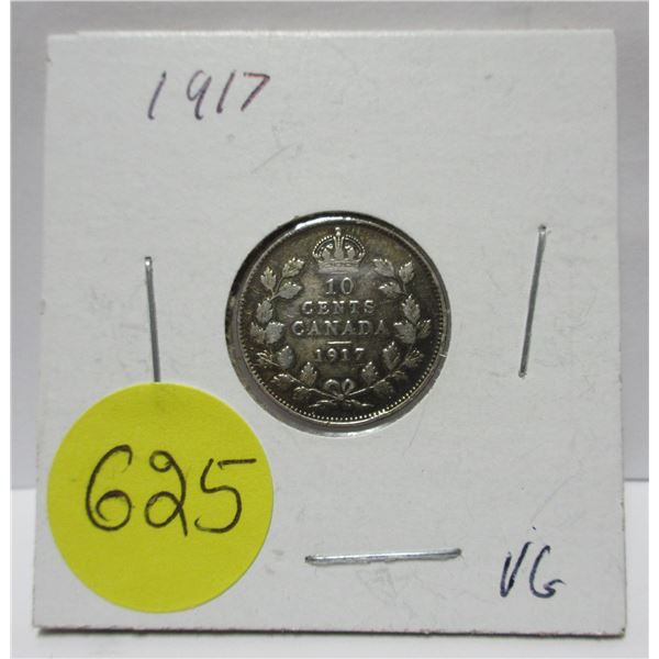 1917 canadian silver 10 cents coin- VG