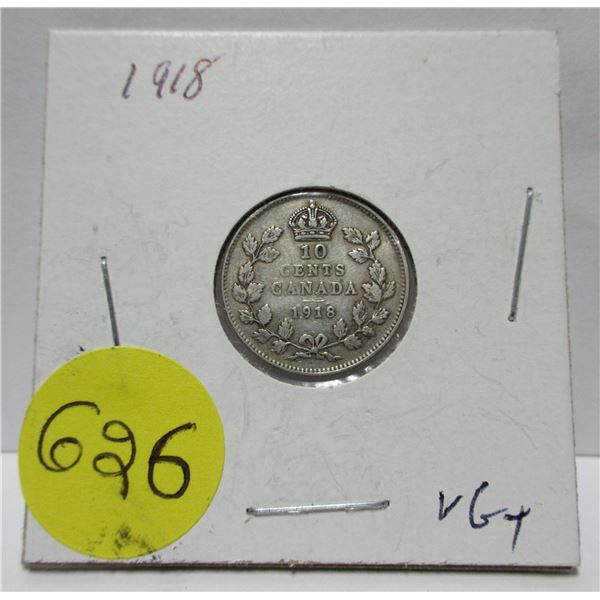 1918 canadian silver 10 cents coin- VG