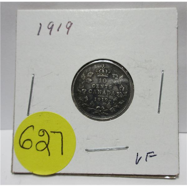 1919 canadian silver 10 cents coin- VF