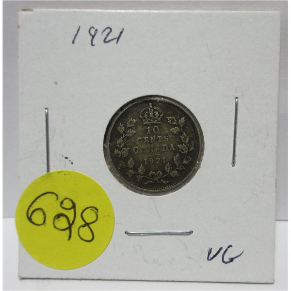 1921 canadian silver 10 cents coin- VG