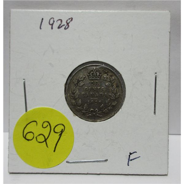 1928 canadian silver 10 cents coin- F