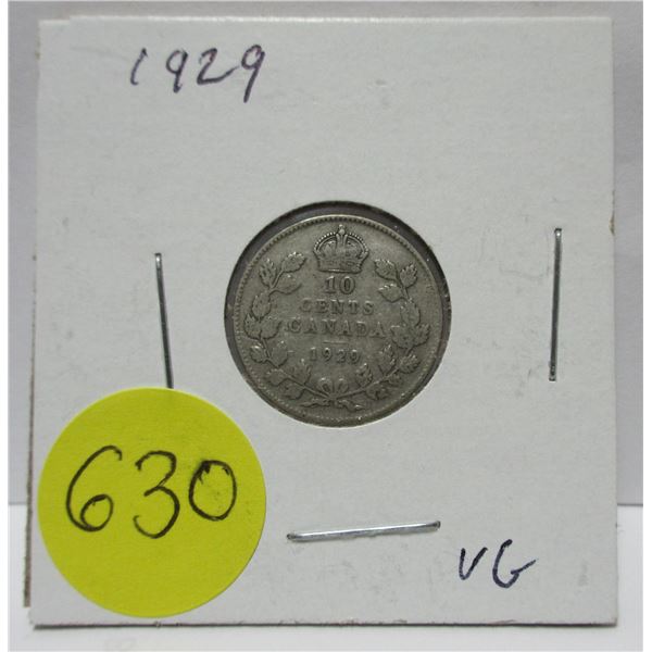 1929 canadian silver 10 cents coin- VG