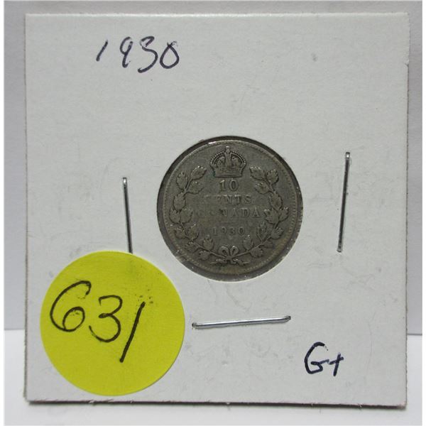 1930 canadian silver 10 cents coin-