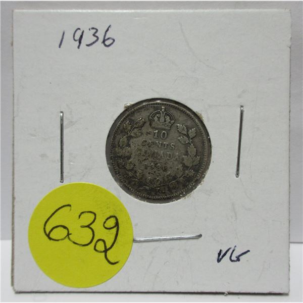 1936 canadian silver 10 cents coin- VG