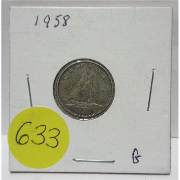 1958 canadian silver 10 cents coin