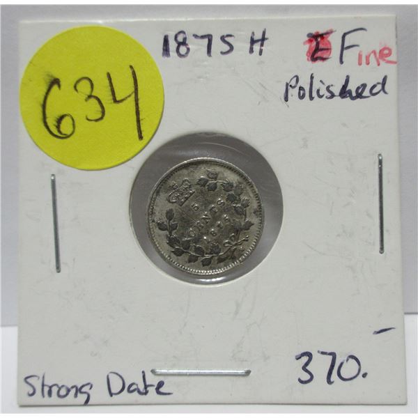 1875H canadian silver 5 cents coin- fine polished