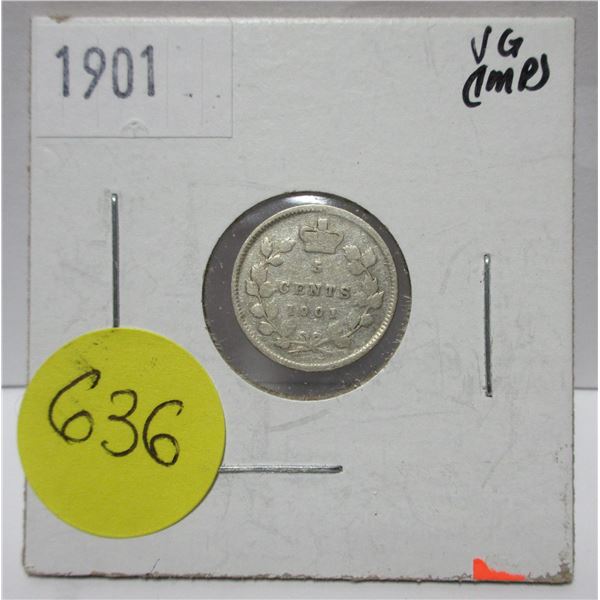 1901 canadian silver 5 cents coin- VG