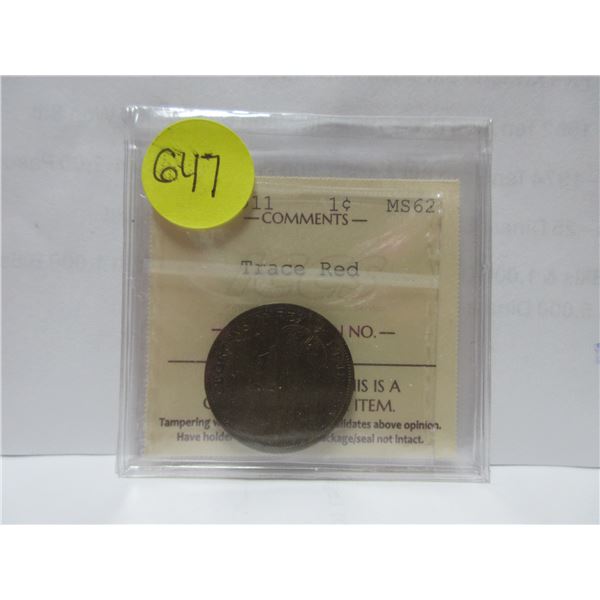 1911 ICCS canadian large cent MS-62 trace red