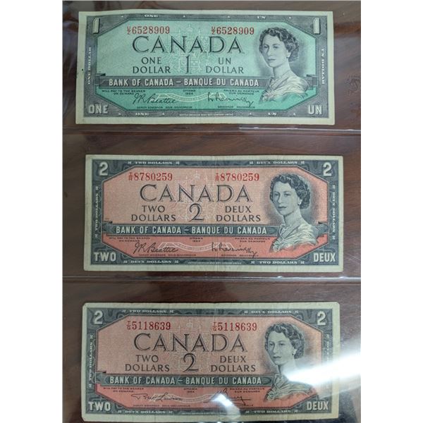 (3) Canadian 1954 Bills (1) 1 Dollar Bill 6528909 (2) 2 Dollar Bills 8780259 and 5118639
