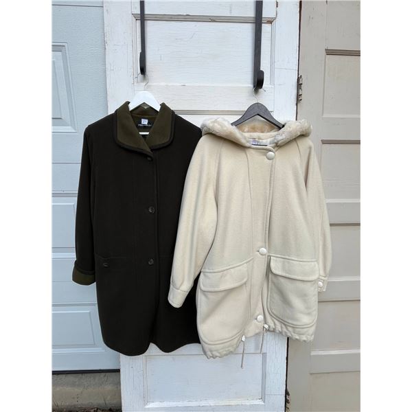 2 wool coats- dark green and cream colored- size L