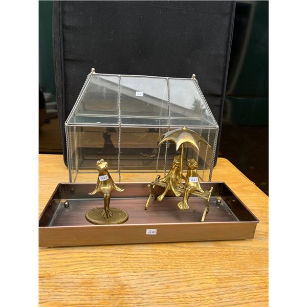 Metal and glass terrarium with 2 brass figurines